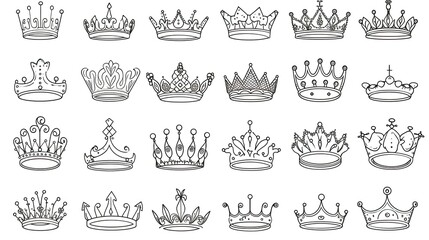 Doodle crowns. Line art king or queen crown sketch