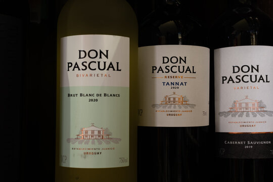 Bottles of Uruguay wine Don Pascual close-up on wine shelf. Ukraine, Zhytomyr, June, 30, 2023