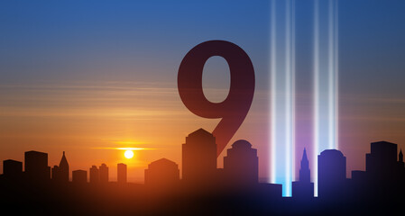 September 11 Tribute In Light Art Installation in the Lower Manhattan New York City Skyline at...