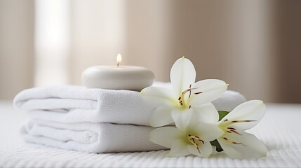 Naklejka na ściany i meble Close up photography, spa with towel, aromatherapy, wellness and relaxation