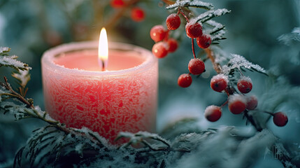 Close up of a candle in a spruce tree with berries - Powered by Adobe
