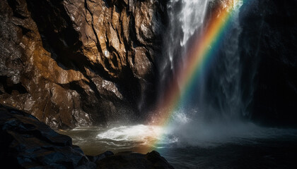 Majestic rainbow over flowing water in forest generated by AI