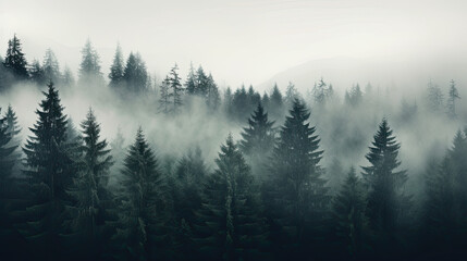 Fototapeta na wymiar Fog covered trees in a forest with fog on top, forest background