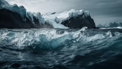 Fototapeta premium Blue wave crashes on majestic rocky coastline generated by AI