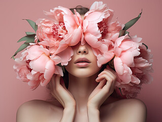 The woman is holding pink flowers in front of her face - Powered by Adobe