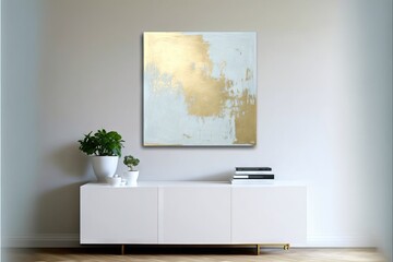a painting on a wall above a white cabinet with a plant on top of it and a book on top of the cabinet in front of the cabinet is a white wall with a gold paint.