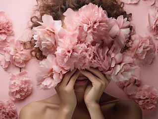 The woman is holding pink flowers in front of her face