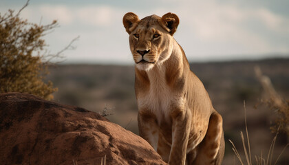 Majestic lioness walking in African wilderness adventure generated by AI