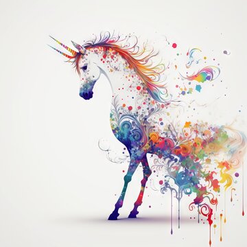 a colorful unicorn is standing on its hind legs and has a long mane and tail, with multicolored splats and swirls on its body, and tail, against a white background.