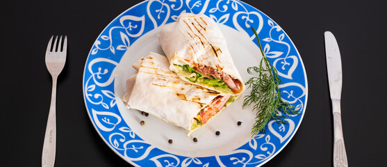 Delicious kebab with meat, lettuce, tomato, onion and sauce with french fries.