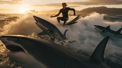 man surfing on the high seas with sharks near