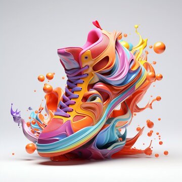 3D Colourful Sneaker Shoe Splashed with Colored Liquid on White Background. Generative ai