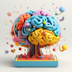3D Colourful Brain UI on White Background. Generative ai