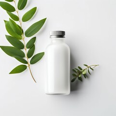 Blank Supplement Bottle, on a Clean White Background with Leaf Behind. Generative ai