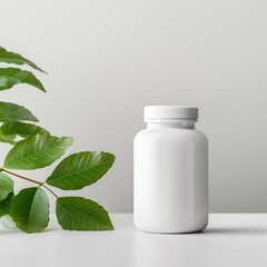 Blank Supplement Bottle, on a Clean White Background with Leaf Behind. Generative ai