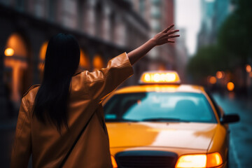 A woman hails a taxi on the street. AI generated, human enhanced - obrazy, fototapety, plakaty