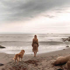 A Woman With Blonde Hair Walking Her Dog on a Beach Generative AI
