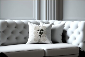 a white couch with a white pillow with a picture of a woman on the back of the couch and a white pillow with a black woman's face on the back of the couch.
