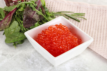 Red caviar in the bowl