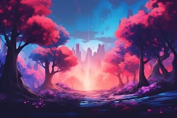 Fototapeta na wymiar Beautiful forest landscape with a sunset in a synthwave style. Beautiful colorful forest painting. Synthwave Wallpaper/Background 