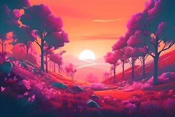 Beautiful forest landscape with a sunset in a synthwave style. Beautiful colorful forest painting.  Synthwave Wallpaper/Background 