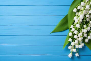 Birthday card with lily of the valley and blue colored background Illustration AI Generative.