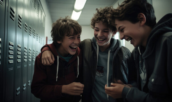 Friends in school corridor. Teenage classmates have fun in school. Created with Generative AI