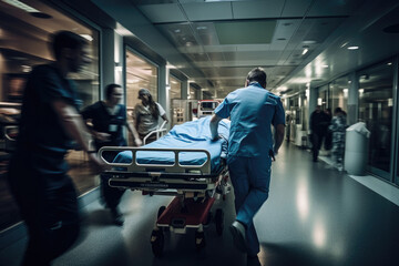 Hospital emergency team rush patient on gurney to the operating theater. Corridor in medical clinic with working doctors, motion blur effect. Created with Generative AI - obrazy, fototapety, plakaty