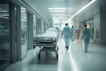 Hospital emergency team rush patient on gurney to the operating theater. Corridor in medical clinic with working doctors, motion blur effect. Created with Generative AI