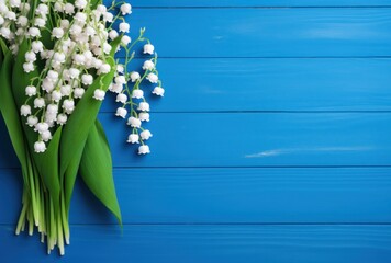Birthday card with lily of the valley and blue colored background Illustration AI Generative.