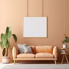Empty Hanging Blank Picture Frame in Interior, Warm Summer Boho Style. Generative ai
