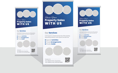 Real estate roll up or pull up banner design template Stand banner layout,signage or standee design for Construction, home sale, advertising,Property, real estate roll up or x banner template. 