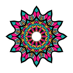 A colorful floral mandala poster with a flower on it.