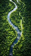 Aerial View of a Meandering River Through a Lush Green Forest. Generative ai