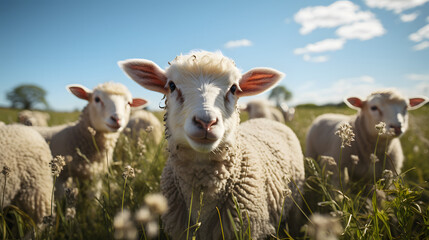 A Sheep on a Field, made with generative AI - obrazy, fototapety, plakaty