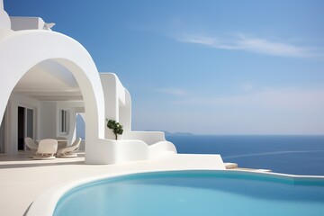 Santorini style luxury villa mediterranean white house, swimming pool, Luxury modern estate property on hill with stunning sea view, Summer vacation, tourism, generative ai.