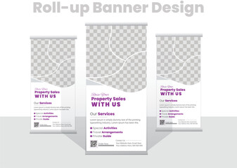 Real estate roll up or pull up banner design template Stand banner layout,signage or standee design for Construction, home sale, advertising,Property, real estate roll up or x banner template. 