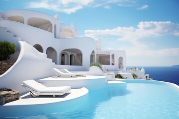 Obraz na płótnie Canvas Santorini style luxury villa mediterranean white house, swimming pool, Luxury modern estate property on hill with stunning sea view, Summer vacation, tourism, generative ai.
