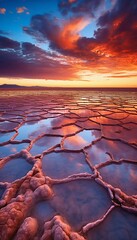 Bolivia Salt Lake Reflections on Crystalline Surface at Sunset. Generative ai