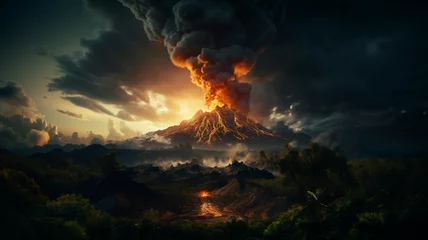 Fotobehang Landscape with a volcano and burning lava © Migma_Agency