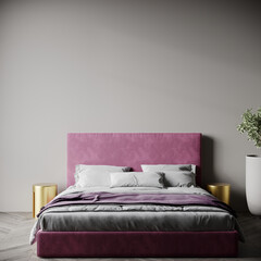 Premium bedroom with large accent bed. Bright violet purple color of velor. Gray empty painted wall for art. Interior design mockup with golden details table. Minimal style space. 3d render