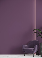 Living room lounge space. Pastel deep tone of violet lavender and purple colour. Dark blank wall for art or wallpaper. Cozy armchair in velor. Minimalist style interior design and furniture. 3d render