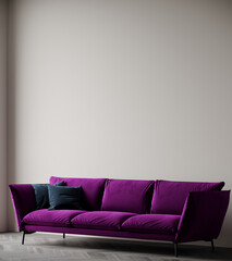 Livingroom with bright accent sofa. Colored purple couch in velor with blue pillows. Gray beige or taupe ivory empty wall for art. Mockup premium modern minimalist room interior design. 3d rendering