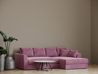 Large loungeroom with pastel mauve tone accent couch. Modern big violet purple couch. Ivory beige or taupe brown colors empty wall for art. Mockup cozy minimalist room interior design home. 3d render