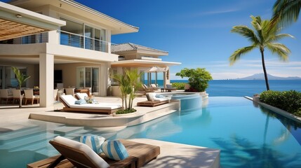 Fototapeta premium Elegantly Composed Home luxury villa with large swimming pool, Luxury modern estate property on hill with stunning sea view, Summer vacation, tourism, generative ai.