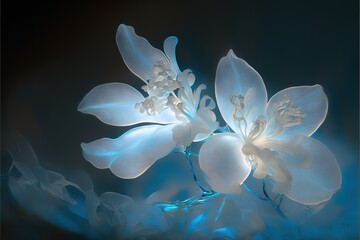 a close up of a white flower on a black background with a blue light in the middle of the image and a black background with a white flower in the middle of the middle of the image.