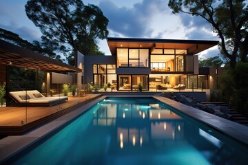 Fototapeta na wymiar night view Modern Luxury villa with large swimming pool, generative ai.