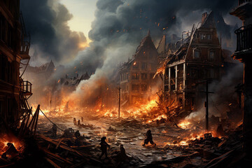 Fototapeta premium Modern City Center: From Civil War to Disaster and Fire