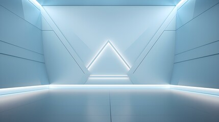 Empty geometrical Room in Baby Blue Colors with beautiful Lighting. Futuristic Background for Product Presentation.