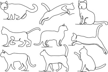 line drawing continuous bundle set of cats vector illustration